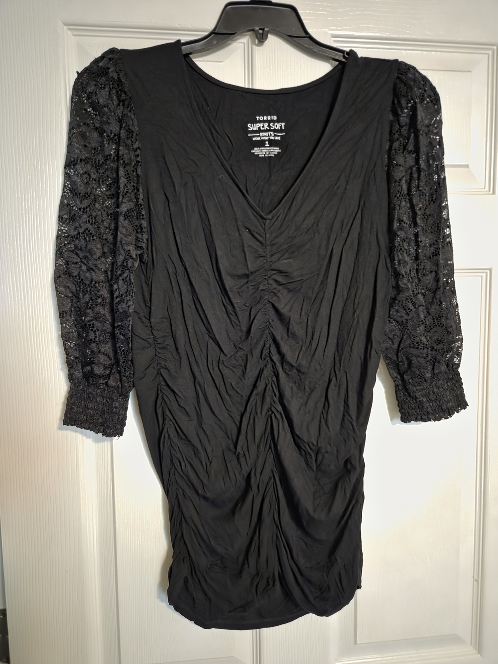 torrid Black V‑Neck Ruched Top with Lace Sleeves